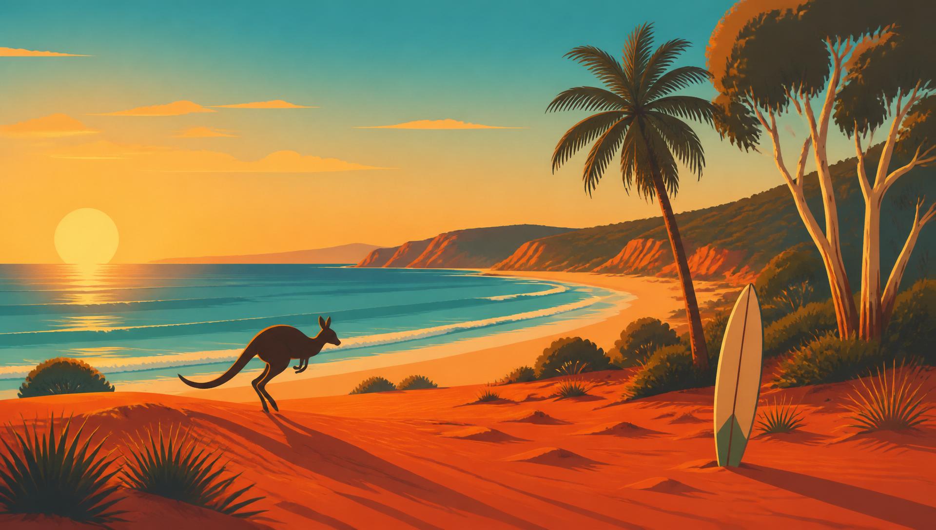 Australian desert beach at sunset with kangaroo and surfboard